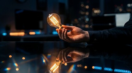Businessman holding glowing light bulb in modern office at night