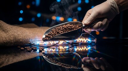 Gloved hand pouring coffee beans from scoop onto reflective surface