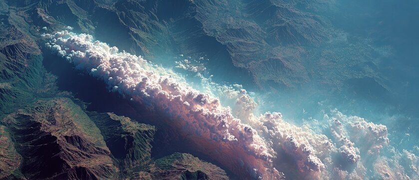 Aerial view showcases a vast mountain range with a prominent, massive cloud formation and atmospheric perspective