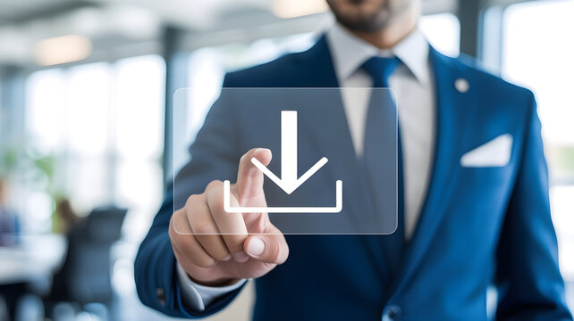 Businessman touching download icon on Business picture transparent screen in office button hand
