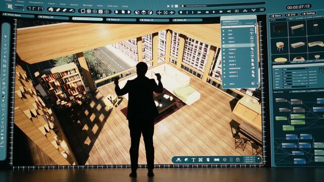 Man moving assets in 3D modeling program with remote control gadget. Interior designer using computer aided architectural design software displayed on digital wall screen, camera A