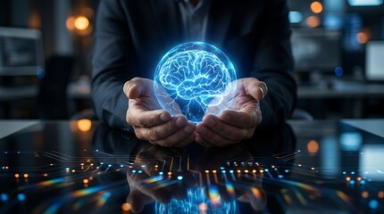 Businessman holding glowing brain with futuristic circuit board background