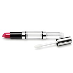 Dual ended lip color and gloss for versatile makeup looks isolated on a bright white background