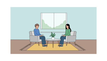 Man and woman having conversation in modern living room