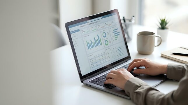Business professional analyzing financial data and charts on laptop computer in modern office workspace for corporate reporting and analytics.