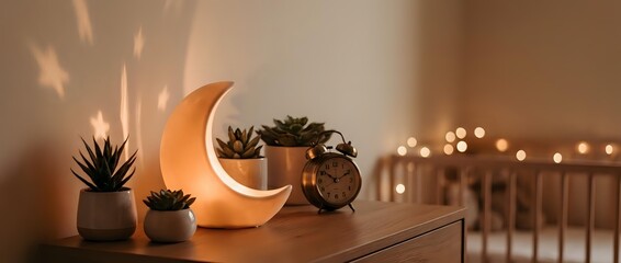Cozy bedroom nightstand with glowing crescent moon lamp, succulents and warm fairy lights creating peaceful ambiance for relaxation and sleep.