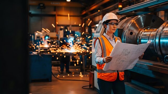 Female engineer in safety gear reviewing blueprints in industrial manufacturing facility with sparks from metalworking operations in background.