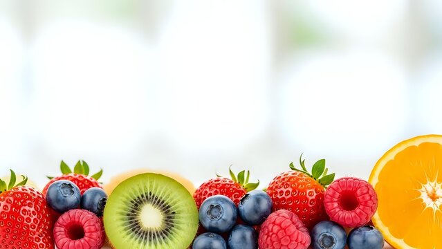 Fresh mixed berries and fruits border with strawberries, blueberries, raspberries, kiwi and orange slice on white background for healthy eating concepts.