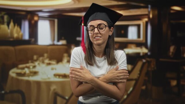 Woman in graduation cap and tassel wearing glasses and white tshirt hugs herself with arms crossed by a set table in a restaurant building; pride.