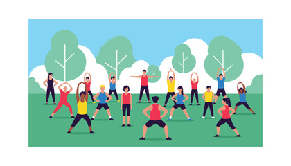 Fototapeta premium Group fitness class in park with diverse participants exercising