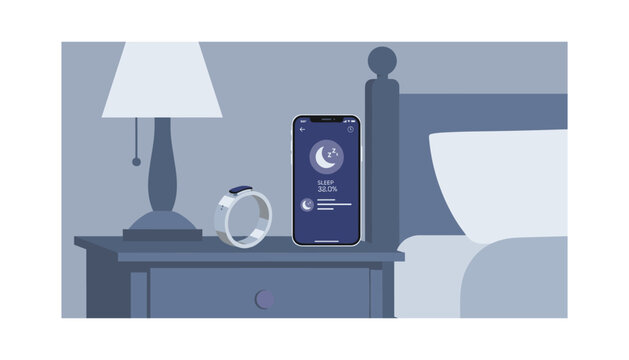 Smart devices tracking sleep patterns on bedside table