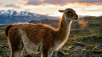 Fototapeta premium Brown llama standing in mountain landscape at golden hour sunset with snow-capped peaks in background. Wildlife photography for nature and travel content.