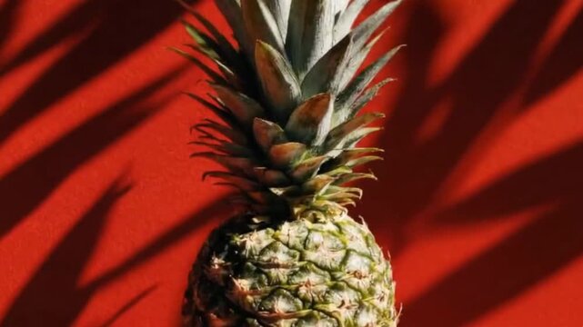 A fresh, ripe pineapple stands prominently against a vivid, textured red background. Dynamic, abstract shadows, reminiscent of dappled light through foliage, create a striking visual interplay across 