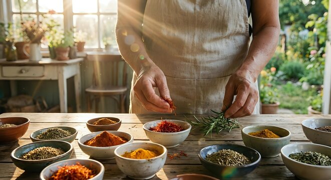 Woman in apron preparing spices and herbs in rustic kitchen with natural sunlight streaming through windows creating warm cooking atmosphere.