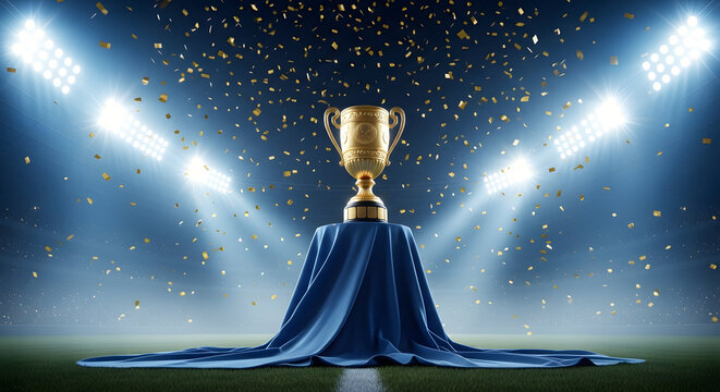 Golden trophy unveiled on blue cloth with confetti falling in stadium