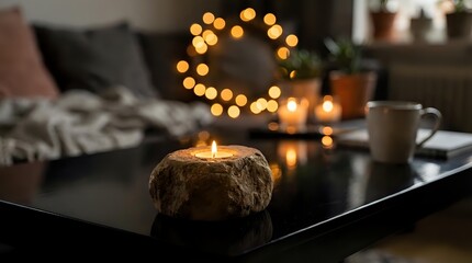 Fototapeta premium Cozy living room with coconut shell candle on coffee table, warm fairy lights creating ambient atmosphere for relaxation and home decor.