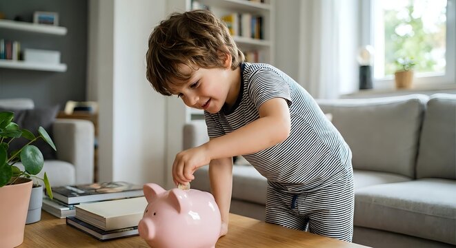 Young boy saving money in pink piggy bank at home teaching financial literacy and responsibility for children's future planning.