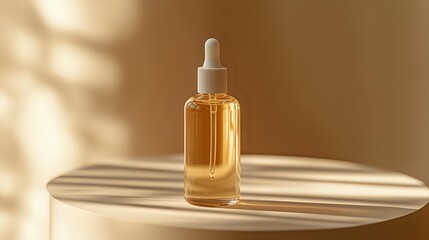 Naklejka premium Luxury golden serum bottle with dropper on marble surface in warm sunlight for skincare and beauty product advertising campaigns.