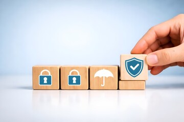Hand placing a light brown wooden block with a blue shield and checkmark icon next to three other blocks with blue lock and umbrella icons on a light blue background