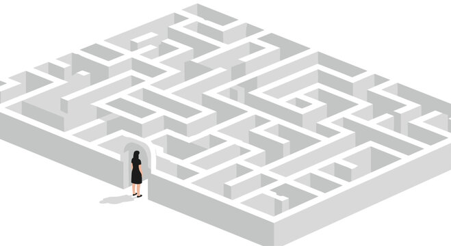 A female silhouette stands at the arched entrance of a large white three-dimensional isometric maze on a white floor.