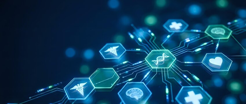 Digital healthcare technology network with glowing medical icons and hexagonal interface elements on dark blue background for modern medicine concepts.