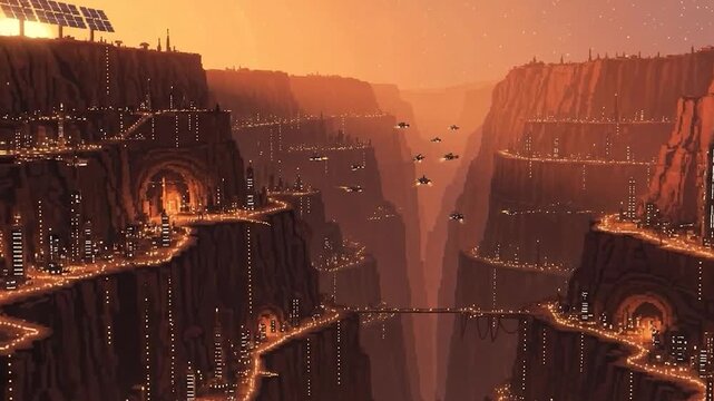 A pixellated cityscape, built into canyon walls, lit with warm hues. Flying vehicles dot skies