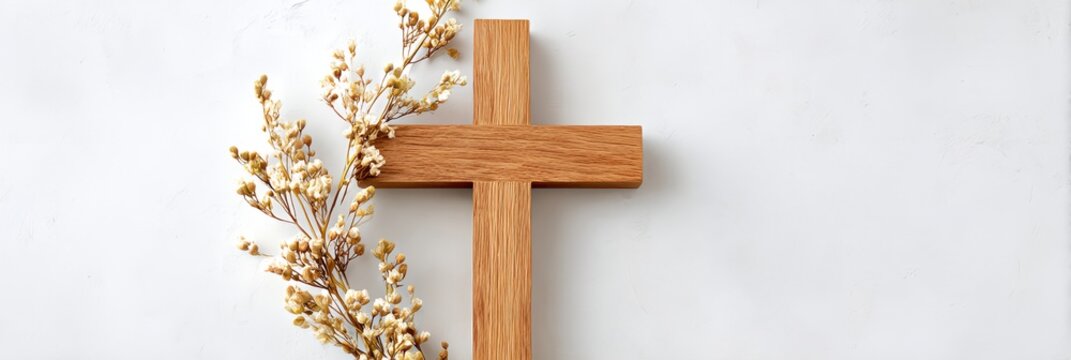 Wooden cross with flowers on it