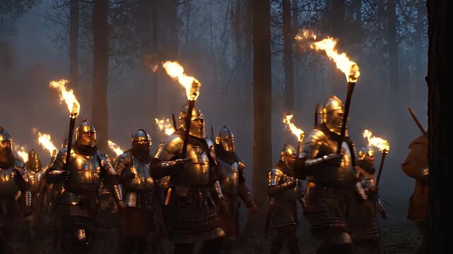 Cinematic Night Scene of Medieval Warriors with Torches in Foggy Forest
