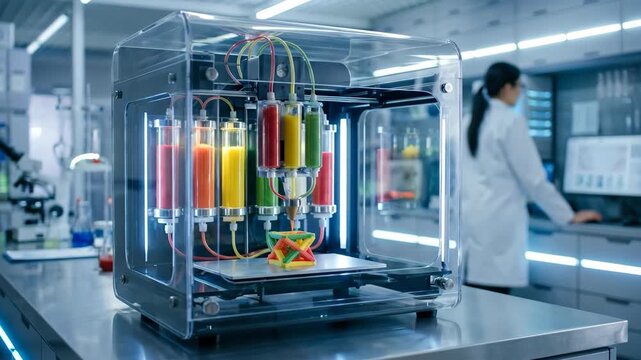 Printer laboratory scientist food printed colorful technology innovation equipment research machine plastic creative design futuristic food printer