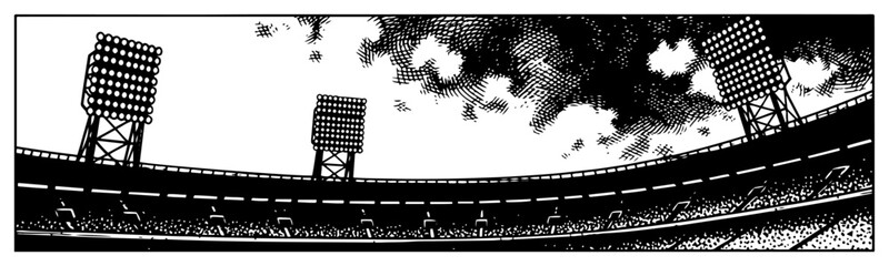 Wide panorama banner of stadium floodlights under a dramatic cloudy sky © Mago