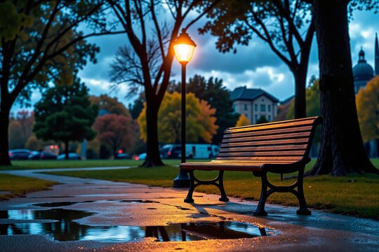 Empty Bench Under Streetlight
