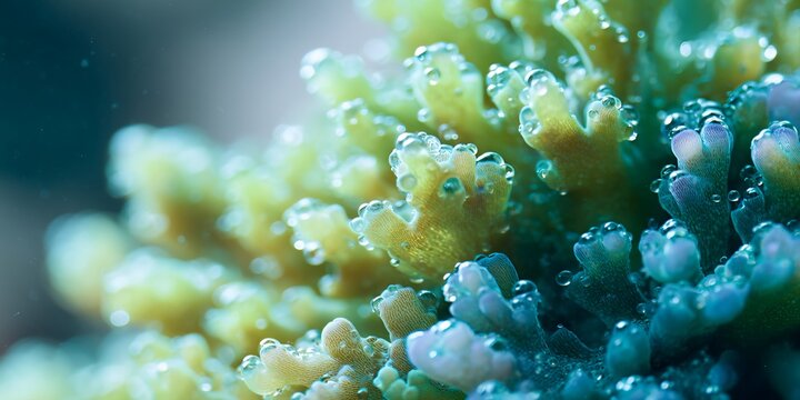 Green and blue coral with bubbles on it