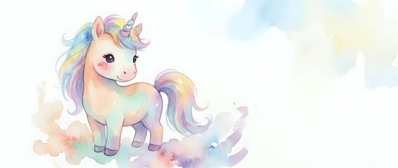 Fototapeta premium Adorable pastel unicorn with rainbow mane sitting on fluffy clouds in dreamy watercolor style for children's room decor and fantasy designs.