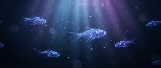 Fototapeta premium School of fish swimming in deep blue ocean water with sunlight rays filtering through creating mystical underwater atmosphere with floating particles.