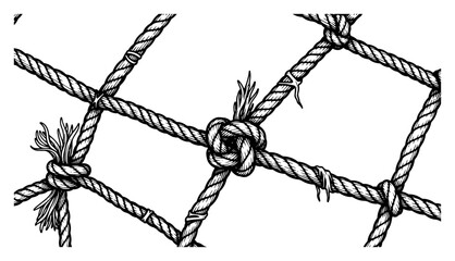 Detailed hand drawn sketch of a thick rope goal net with knots and fiber texture © Mago