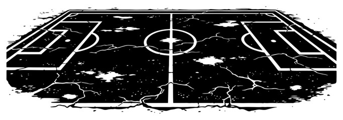 Perspective view of a cracked and damaged soccer field pitch in grunge style © Mago