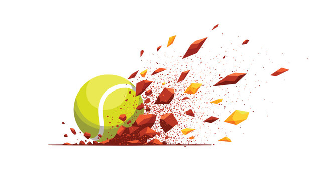 A yellow tennis ball impacts a red clay surface causing an explosion of red and orange dust against a white background.