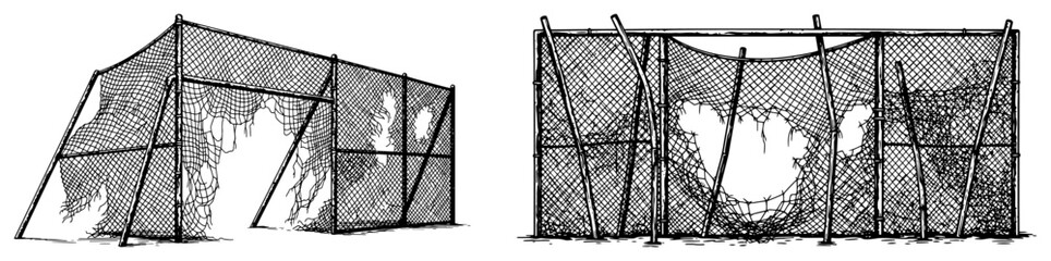Abandoned soccer field with torn chain link fences and broken goal nets in grunge style © Mago