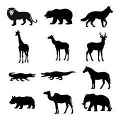 Wild Animals Silhouette Set &ndash; Lion, Bear, Wolf, Giraffe, Deer, Crocodile, Horse, Camel, Elephant Vector Collection