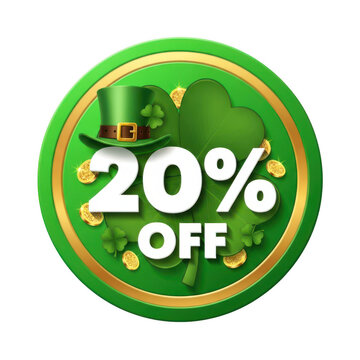 St patricks day sale 20 percent off discount isolated on transparent background