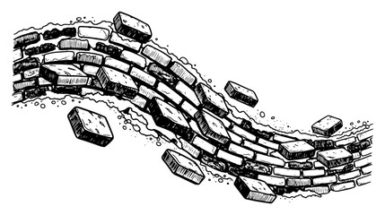 Exploding brick wall wave with falling stones and vintage hand drawn hatching texture © Mago