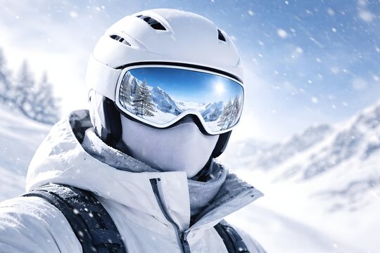 Close-up of a person wearing a white ski helmet, white ski goggles with reflective blue lenses showing a mountain landscape, and a white balaclava