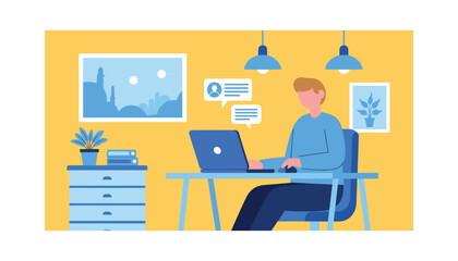 Fototapeta premium Man working on laptop in modern home office with city view