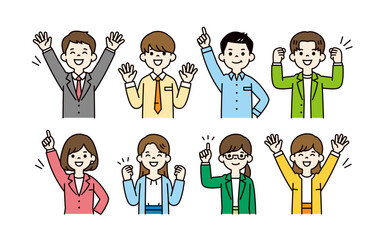 様々な表情・ポーズの、複数の20代・30代の男女の会社員の上半身ベクターイラスト素材セット