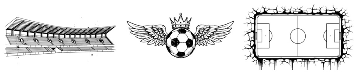 Collection of soccer themed design elements including stadium stands and winged ball © Mago