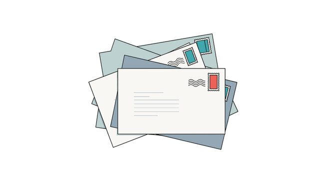 A stack of overlapping paper envelopes in white and blue shades features a red postage stamp on the top letter against a white background.