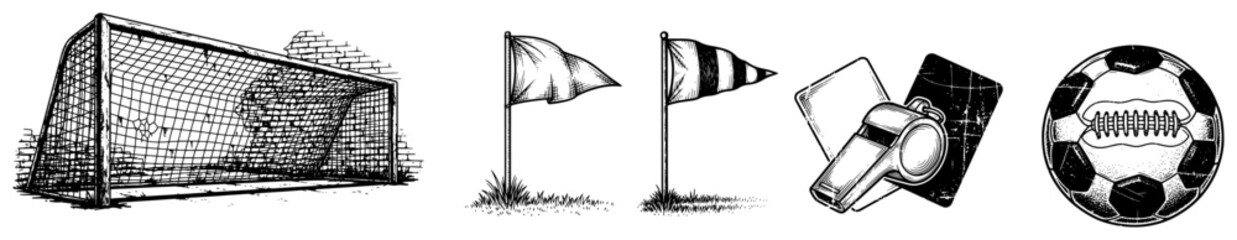Collection of hand drawn soccer equipment icons including goal net flags whistle and cards