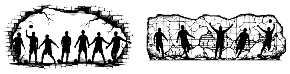 Silhouettes of soccer players seen through a cracked and broken brick wall opening