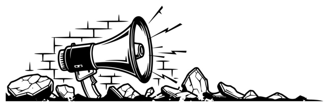 Vintage hand drawn megaphone illustration in front of a brick wall with rubble and debris