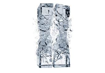 Fototapeta premium Photorealistic cgi of clear crystalline ice violently fragmenting into geometric, razor-sharp shards, suspended mid-air against a clinical white studio void, concept of destructive perfection